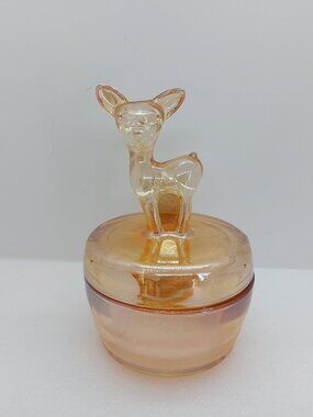 Vintage Jeannette Glass Deer Fawn Marigold Luster/ Carnival Glass Trinket Box